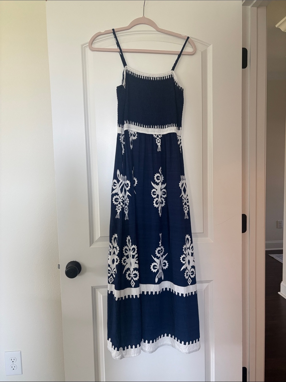 Navy Blue & White Maxi Sundress with Embroidered Detail